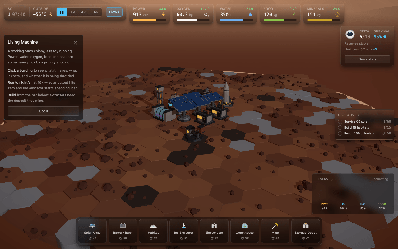 The colony at midday, founding rocket on the pad